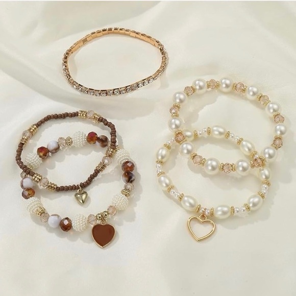 Boho Pearl & Crystal Heart Charm Bracelet Stack (5 Pieces) - Picture 6 of 6